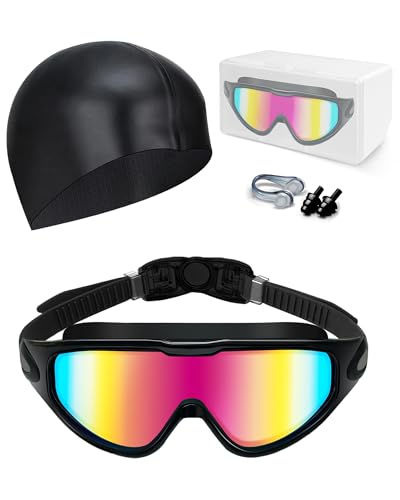 Hurdilen Swim Goggles, Anti Fog Anti UV, Wide View and No Leaking Swimming Goggles & Swim Cap for Men Women Adult Youth