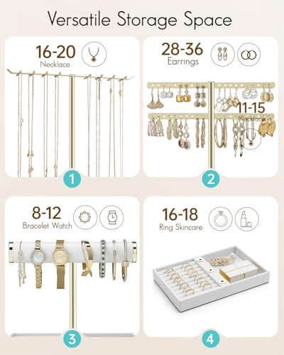 Vlando 3 Tier Jewelry Stand Organizer with Tary, Leather Jewelry Holder Display for Women, Gold Jewlery Holder Display for Necklace, Earring, Bracelet, Rings - White - Thumbnail 3