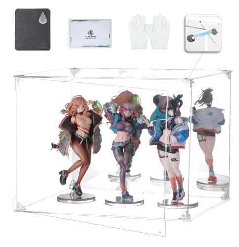 COOLTAKU フィギュアケース アクリル UVカット クリア台座 背面ミラー マグネット式 磁石付き 前扉 積み重ね強化 コレクションケース より堅固 組み立て式 アクリルケース ディスプレイケース 防汚れ 手袋 クリーニング クロス付き 内寸 (幅40×奥行30×高さ30cm, 台座透明＋背面ミラー)の商品画像（Amazon）