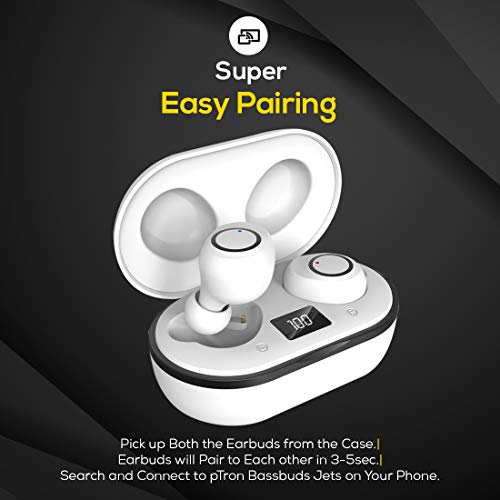 Image of pTron Bassbuds Jets True Wireless Bluetooth 5.0 in-Ear Headphones,20Hrs Total Playback with Case,Deep Bass,Touch Control,Ipx4 Water Resistant,Voice Assistant,Built-in Mic & Digital Display (White)