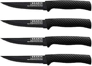 BRANIK Brand Titanium Series Steak Knives Set of 4, Premium German Steel with Special Baked on Ceramic Non-Stick Coating. Dishwasher Safe Kitchen Steak Knife Set which are Razor Sharp & Lightweight