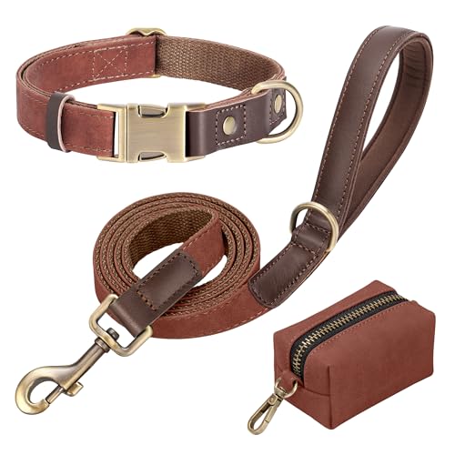 Image of Didog PU Leather Dog Collar Leash Set with Poop Bag Holder for Medium Dogs