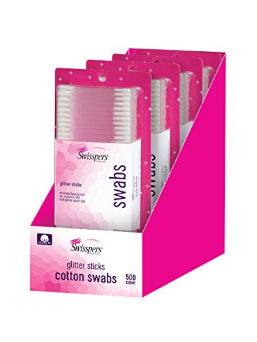Swisspers Premium Cotton Swabs, 100% Pure Cotton Tips, Glitter Style Plastic Sticks, 4 Packs of 500-Count Swabs (2000 Swabs Total)