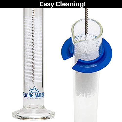 Brewing America Glass Hydrometer Test Tube Jar & Cylinder Brush - Narrow Flask for Alcohol by Volume Test - Moonshine, Homebrew Beer, Home Wine Making Kits, Borosilicate Glass 3.3