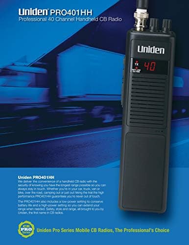 Uniden PRO401HH Professional Series 40 Channel Handheld CB Radio, 4 Watts Power with Hi/Low Power Switch, Auto Noise Cancellation, Belt Clip and Strap Included