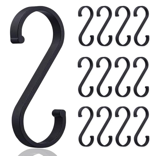UBRAVE Ganchos en Forma de S, 12 piezas S en Forma de Gancho Colgante, Gancho de Metal Resistente Gancho Doble para Colgar Tazas, Ollas y Tazones, Apto para Cocina, Salón, Baño, Jardín, Armario, Negro