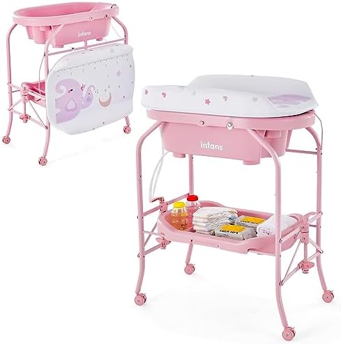 INFANS Baby Changing Table with Bathtub, Foldable Diaper Dresser ...
