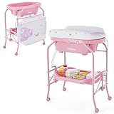 INFANS 2 in 1 Baby Changing Table with Bath Tub Unit, Folding Diaper Dresser Station with Wheels Waterproof Pad Storage Rack, Portable Nursery Organizer Stand for Newborn Infant