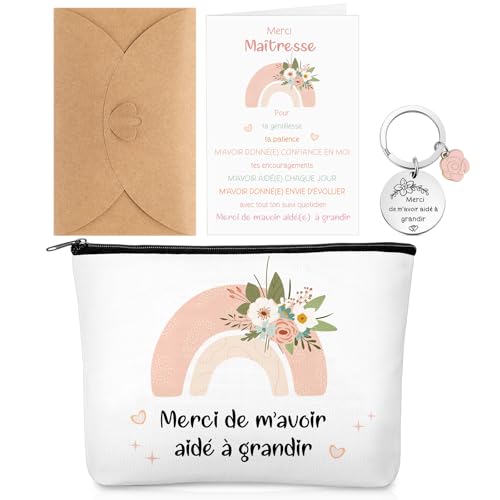 Xuniea 4 Pièces Cadeau de Remerciement pour Maîtresse Professeur Compris Trousse de Maquillage Porte-Clés Carte Arc-en-Ciel avec Enveloppe pour Fin d'Année École Maternelle Anniversaire Baby-Sitter