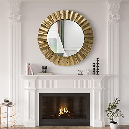 Gold Mirror, Handcrafted Round Wall Mirrors Decorative Modern Wall-Mounted Mirrors For Living Room, Entryway, Foyer, Hallway, Bedroom, 32In Large Wall Mirror #TOP2