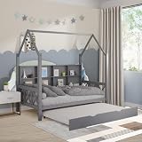 HUMEHA Full House Bed with Trundle and Storage Shelf for Kids, Wooden Full Size Bed Frame with Roof Guardrails Wood Slats Headboard for Boys Girls,No Box Spring Required, Gray