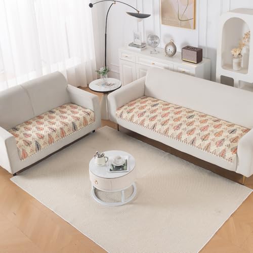 Image of HOKIPO Royal Kalamkari Quilted Sofa Cover 5 Seater Set with Tassels - Washable 3+2 Sofa Cover Mat |'Tassel Twigs' Series (IN-985-T2 + IN-983-T2)