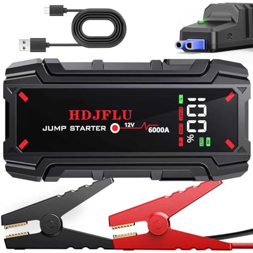 6000A auto portatile jumper starter, batteria jumper starter per 8L benzina e 6L motore diesel, 10 protezione di sicurezza, 12V jumper box, USB, luce a LED, per camion, SUV, rv， nave