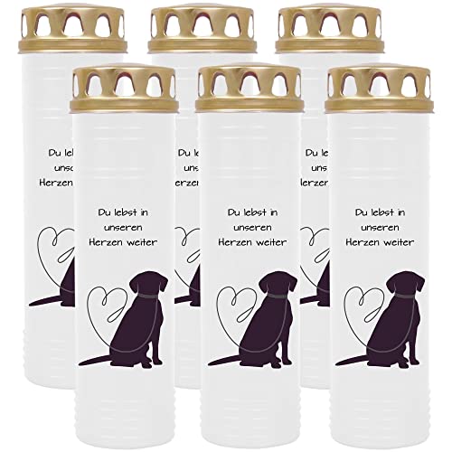 HS Candle Velas para tumba – 6 unidades con diseño (perro lino) – aprox. 100 h / 4 días de combustión por vela (25 cm, diámetro de 7 cm) – muchos Deisgns