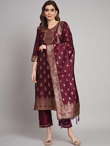 Image of VredeVogel Women's Cotton Silk Jacquard Kurta Pant Set with Banarasi Silk Dupatta