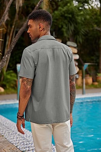 Coofandy Cuban Button Down Shirts For Men Short Sleeve Button Up Shirt~ Light Grey #TOP2