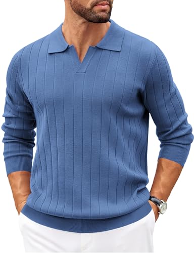 COOFANDY Mens Polo Sweaters Long Sleeve V Neck Knit Polos Lightweight Casual Pullover Sweater