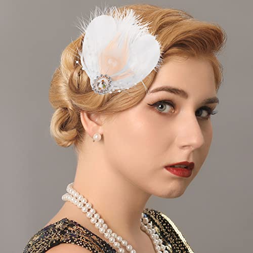 Gortin 1920S Headpiece Pearl Bride Wedding Feather Hair Clip White Great Gatsby Hair Accessory Art Deco Flapper Headbands Rhiestone 20S Headwear Party Prom Flapper Hair Clips For Women And Girls #TOP1