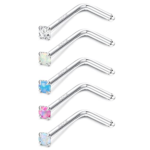 Zzhdcc Nose Ring 925 Sterling Silver Nose Rings L Shaped Nose Piercings 20G Multi Color Opal Cz Nose Studs For Women Nostril Lip Cartilage Body Jewelry 5Pcs 1.5Mm #TOP4