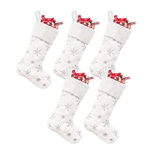 CARAKNOTS Christmas Stockings Set of 5 Faux Fur Christmas Stockings Large White for Family Kids Holiday Fireplace Hanging Xmas Decoration