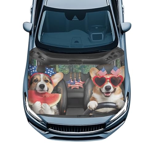 Image of Cute American Dog Car Hood Cover Polyester Elastic Fabrics Can be Washed Suitable for Large SUV and Pickup Trucks