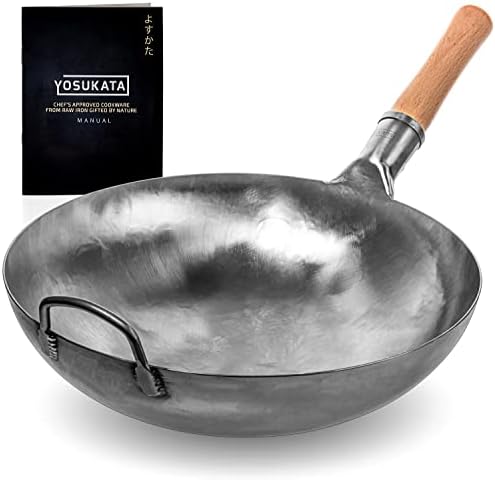 YOSUKATA Silver Round Bottom Pan – Stir Fry Pans For Cooking - Chinese Hammered Pow - Traditional Chinese Japanese Woks - Carbon Steel (14", Silver)