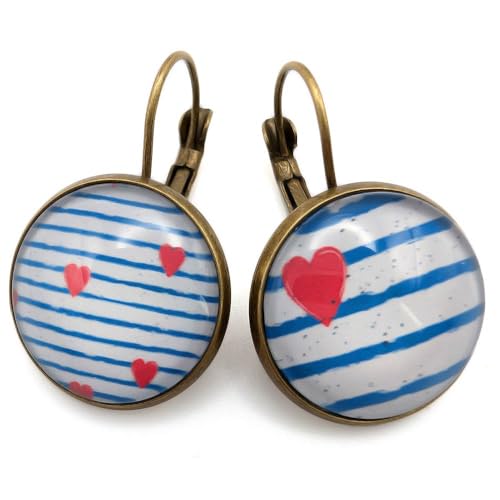 Boucles d’Oreilles Femme Pendantes Dormeuses – Cabochon Verre Rayures Marinière Bleu Blanc...