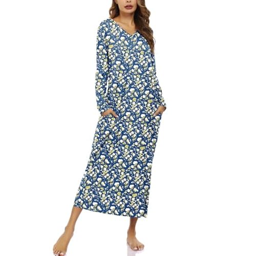 Marvmys Women Cotton Long Nightgowns Long Sleeves Nightshirts V Neck Full Length Sleep Shirts with Pocket Navy Blue Floral Medium