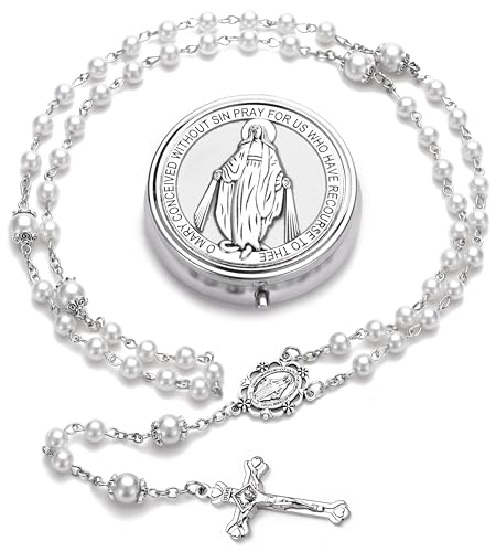 Rosary for Women with Case and 18pcs Prayer Cards, First Communion Gifts for Girls, Glass Pearl Beads and Virgin Mary Medal, Catholic Gifts2