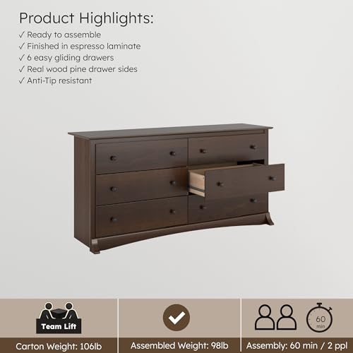 Prepac Sonoma 6-Drawer Double Dresser for Bedroom, Wide Chest of Drawers, Traditional Bedroom Furniture, 59" wide x 17.5" deep x 29" tall, Espresso
