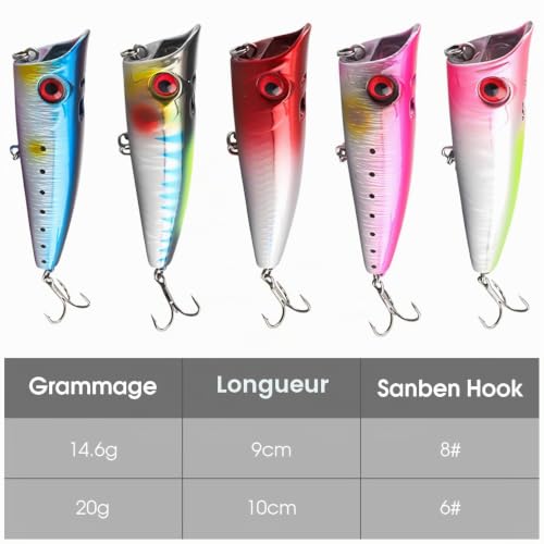 Leurres de Pêche de Surface Popper, WASAGA 5 pcs 14.6g/20g d'eau Pulvérisée Poisson Flottant Appât d'eau de Surface pour la Perche de Saumon d'Achigan de Brochet – vue 2