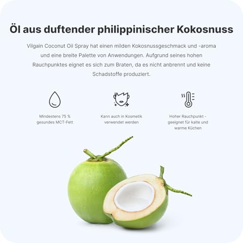 Vilgain Coconut Oil Cooking Spray (200 ml) Kokosöl Spray – 200 ml Veganes Kokosfett Zum Braten Und Backen, Geschmacksneutrales Kochspray Ohne Zusatzstoffe, Kalorienbewusstes Speiseöl Für Low Carb Diät