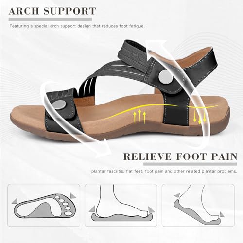 BCSTUDIO Women's Comfort Orthopedic Sandals with Arch Support Summer Walking Casual Flats Shoes, Black, Size 112