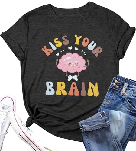 FLOYU Women Teacher Shirts Kiss Your Brain Teacher Shirt Special Education Teacher Tops Casual Teacher Life Clothes