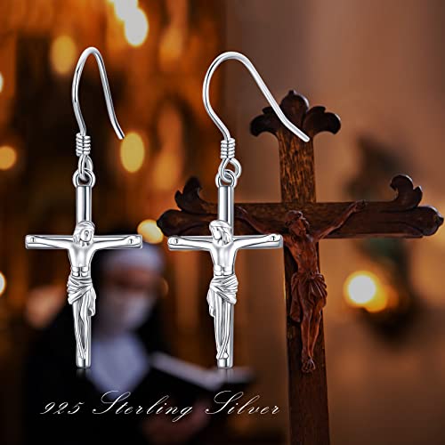 Jesus Cross Earrings 925 Sterling Silver Crucifix Dangle Drop Earrings Hypoallergenic Religious Earrings Cross Jewelry Independence Day Gifts For Women Girls #TOP5