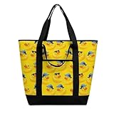 MUMEHAZ Fashion Washable Shopping Bags Cute Rubber Yellow Duck with Sunglasses Reusable Grocery Travel Tote Bag Large Collapsible Market Bag
