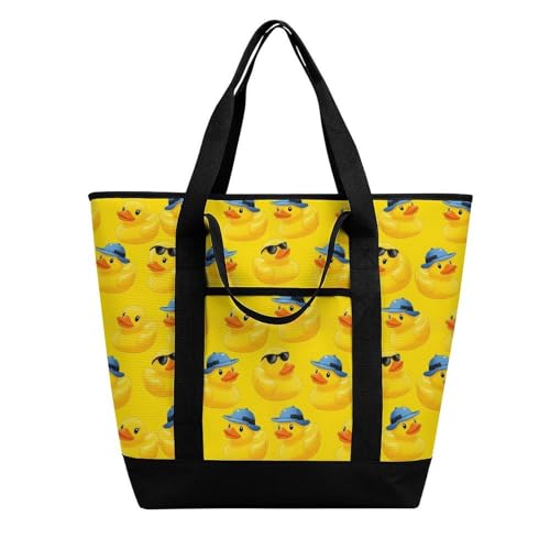 MUMEHAZ Fashion Washable Shopping Bags Cute Rubber Yellow Duck with Sunglasses Reusable Grocery Travel Tote Bag Large Collapsible Market Bag