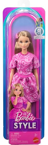 Barbie Fashionistas Style Doll #249 with Blonde Hair, Wearing Pink Paisley Skirt, Pink Paisley Shirt, White Platform Sandals