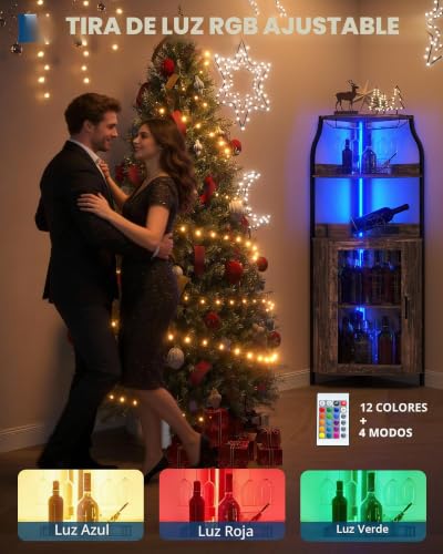Miniatura 9 de Zstar Mueble Bar, Vitrina Para Vinos De Mdf Curvado Con Luces Led, Vitrina Independiente De 4 Niveles Con Puerta De Cristal Para Bar En Casa Marrón.