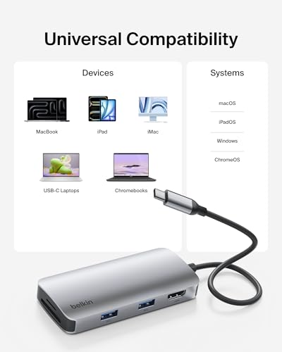 Image of Belkin USB Hub for Laptop 5-in-1, USB C Hub - Multi Port Adapter with 4K HDMI @ 60Hz, 2X USB-A, SD & MicroSD Card Slots, 5Gbps Transfer | Type C Hub Doc for MacBook Pro, Air, iPad Pro, XPS