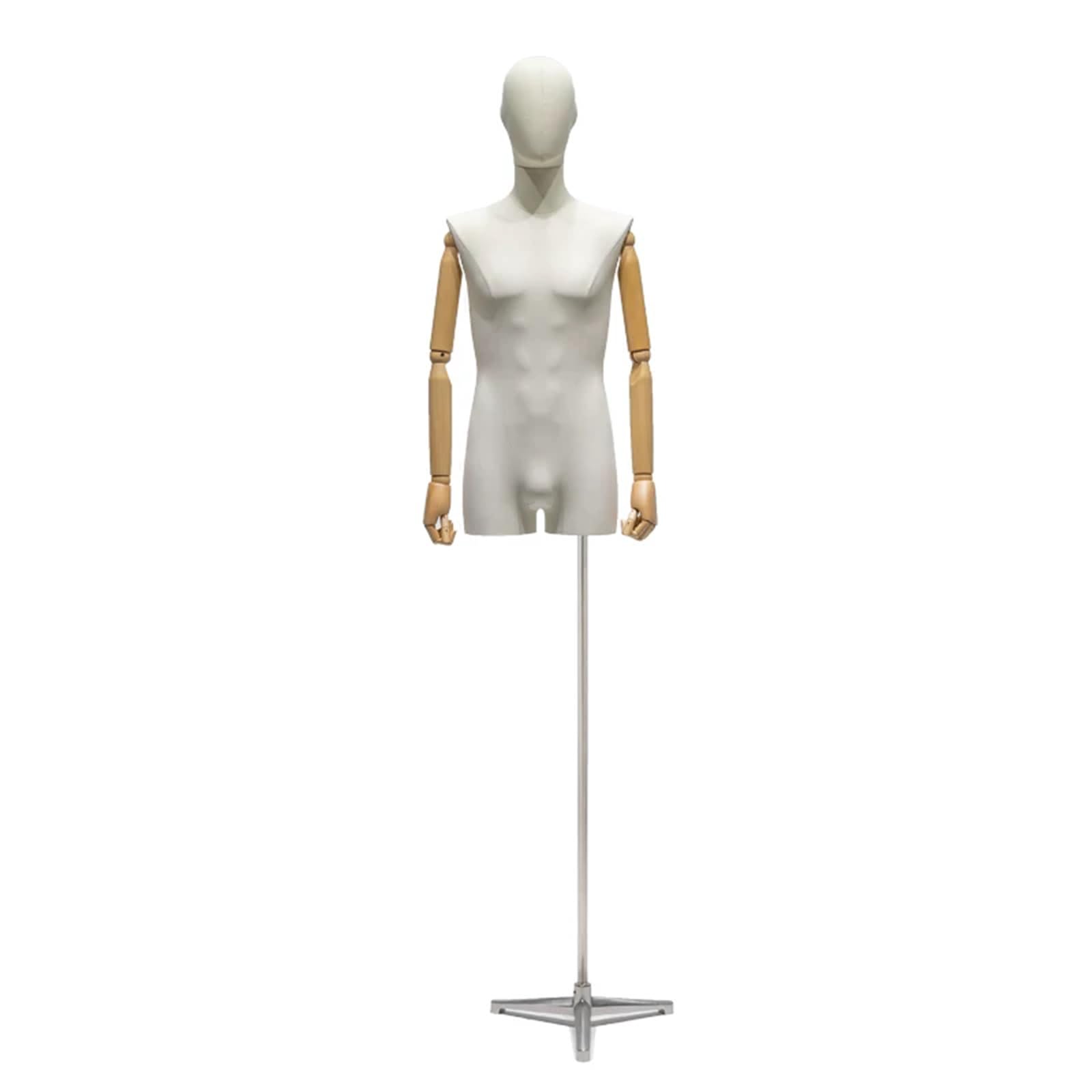 Mannequin Torso With Wooden Arms And Head, Adjustable Height, For Clothing Display, Boutiques And Studio Photography