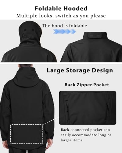 Image of Men's Tactical Fleece Lined Jacket Softshell Military Hooded 7 Pockets Windproof Outdoor Work Rain Coats Black M