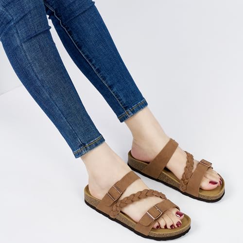 Image of HARENCE Flat Sandals for Women 2026 Comfort Cork Footbed with Adjustable Buckle Summer Slides for Women for Vacation Walking