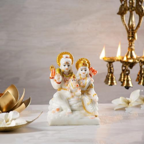 Image of KRISHNAGALLERY1 Shiv Parivar Murti for Home Temple Lord Shiva Family Idol with Parvati Ganesha, Kartikeya Nandi Religious Pooja Statue for Mandir Home Decor 5 Inch (White Gold)