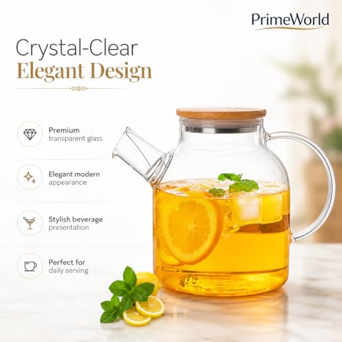 Image of PrimeWorld 1pc 2 Litre Glass Water Jug Wooden Lid, Microwave Safe Glass Borosilicate Teapot with Strainer, Detox Water Bottle Jar for LooseLeaf Maker,Hot /Cold Drink,Iced Tea, Coffee,Juice,Milk