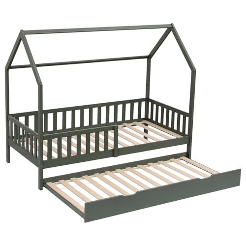 Happy Garden Lit cabane Vert 190x90cm en Bois Marceau, Cadre de lit en Bois Massif de pin avec sommier à Lattes, barreaux de sécurité et lit gigogne