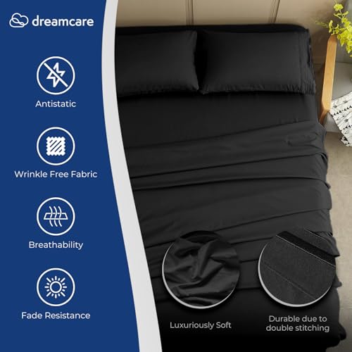Image of DREAMCARE Queen Sheet Set - 4 pcs Breathable Cooling Sheets - up to 21 inch Extra Deep Pocket Queen Sheets Set with Side Pockets - Extra Soft 100% Brushed Hypoallergenic Hotel Luxury Bedding - Black