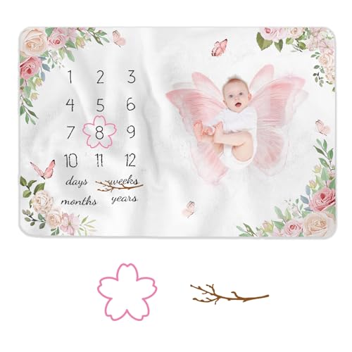 Image of Toowinneet Baby Monthly Milestone Blanket for Baby Girls, Pink Flower and Butterfly Theme Newborn Growth Chart Photo Prop Background Blanket with Flower and Branch Molding Frames (60x40 inch)