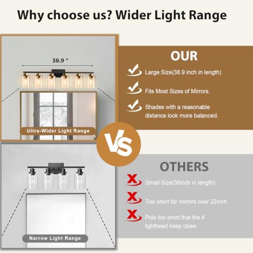 Image of IZORRO Bathroom Light Fixtures, Modern Vanity Lights, Bathroom Lighting Fixtures Over Mirror with Clear Glass Shade, Wall Sconce for Living Room Cabinet Bedroom (Black and Gold, 6-Light)