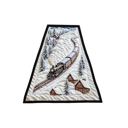 2D Christmas Table Runner&Steams Train Snow Pines Trees Sign, Table Decor - image 3